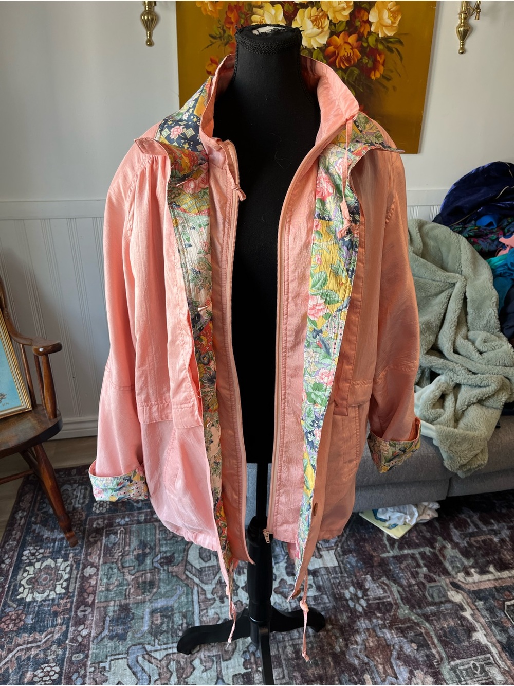 Women's Vintage Pink Hooded Trench Jacket with Floral Trim Nannycore 1-2X